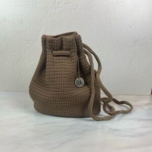 The Sak Crochet Drawstring Backpack in Brown